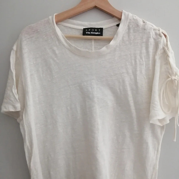 The Kooples Sport Linen Short Sleeve T-Shirt Lace Up Sleeve Off White 2 Medium - Picture 4 of 15
